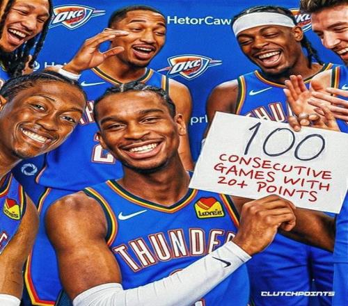 亞歷山大已連續(xù)100場比賽得分上20，距離第一張伯倫僅差26場