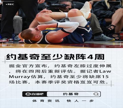 約基奇左膝過度伸展將于四周后重新評估隊友誤傷但韌帶未受損_NBA直播