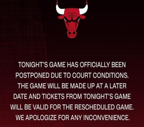 公牛官方：由于場地狀況原因對陣熱火的比賽已正式延期