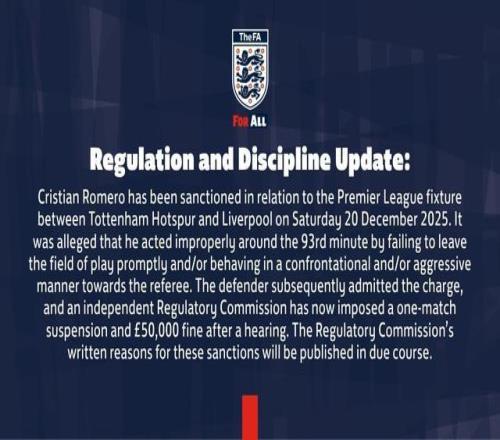 官方：熱刺后衛(wèi)羅梅羅遭追加停賽1場+罰款5萬鎊，無緣足總杯對維拉