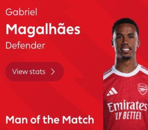 攻防俱佳，加布里埃尔当选伯恩利vs阿森纳全场最佳球员