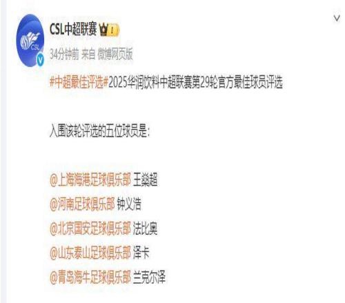 中超第29轮最佳候选：王燊超在列